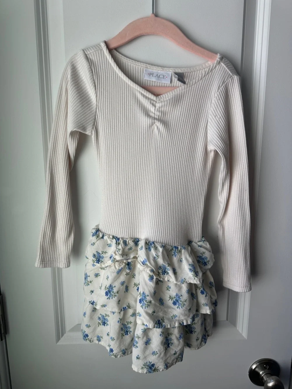 The Children's Place Cream Ribbed Long-Sleeve Top with Blue Floral Ruffle Skirt - Picture 1 of 3